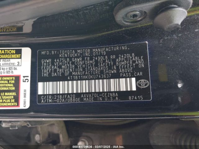 4T1B11HK0KU743637 Toyota CAMRY LE