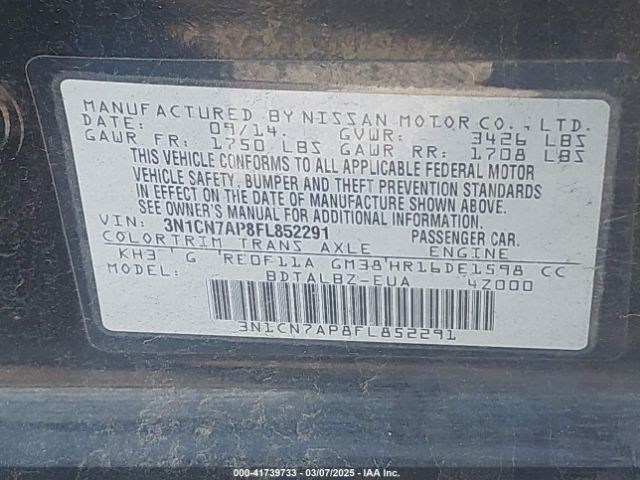 3N1CN7AP8FL852291 Nissan 2015