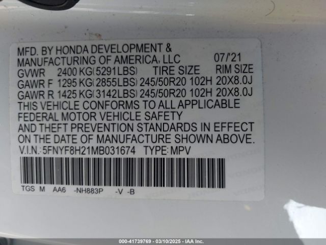5FNYF8H21MB031674 Honda Passport Awd Sport