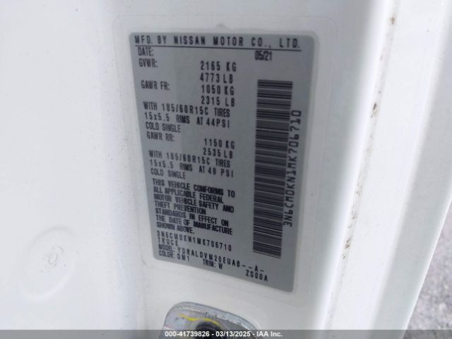 3N6CM0KN1MK706710 Nissan Nv200  Cargo S Xtronic Cvt