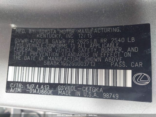 58ABK1GG2GU003713 Lexus ES 350