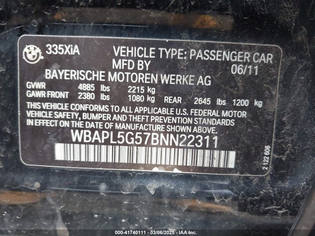 Aukcja sprzedaży 2011 Bmw 335i Xdrive, vin: WBAPL5G57BNN22311, numer aukcji: 41740111