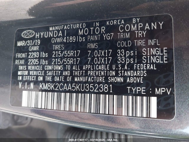 KM8K2CAA5KU352381 Hyundai Kona Sel