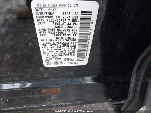 JN8AS5MV9FW767938 Nissan Rogue Select S