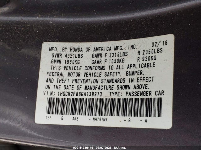1HGCR2F88GA139973 Honda k24w1