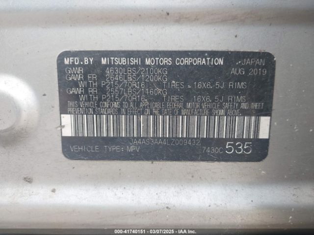 JA4AS3AA4LZ009432 Mitsubishi Eclipse Cross Es 1.5t