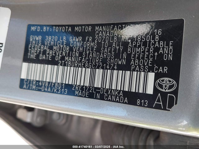 2T1BURHE8GC721474 Toyota COROLLA LE