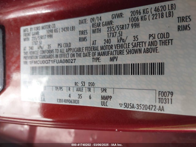 Ford ESCAPE SE 2015 1FMCU0G71FUA08027 Image 9