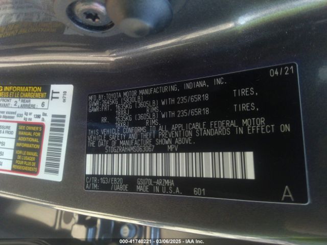5TDGZRAH4MS063067 Toyota Highlander Xle