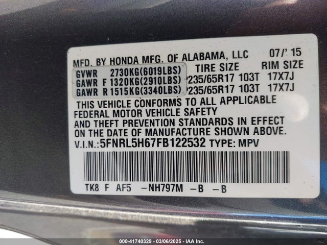 5FNRL5H67FB122532 Honda j35z8