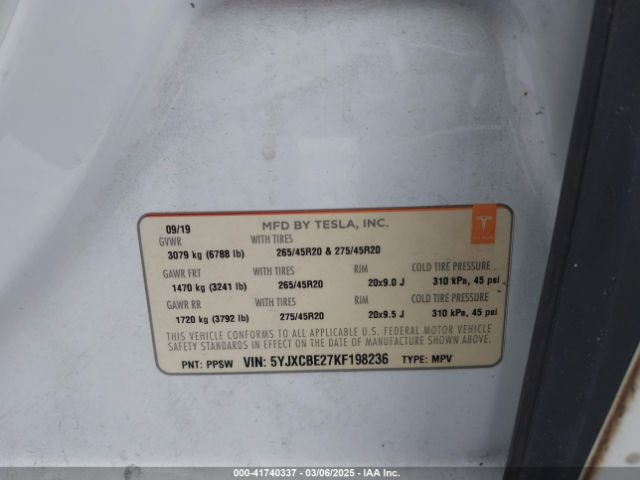 5YJXCBE27KF198236 Tesla Model X 100d/75d/long Range