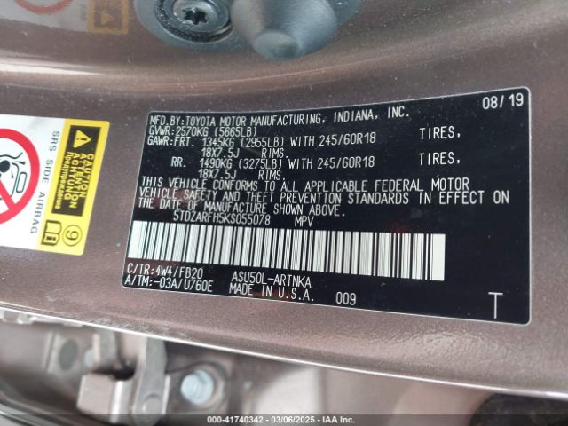 2019 TOYOTA HIGHLANDER 5TDZARFH5KS055078 Photo 8