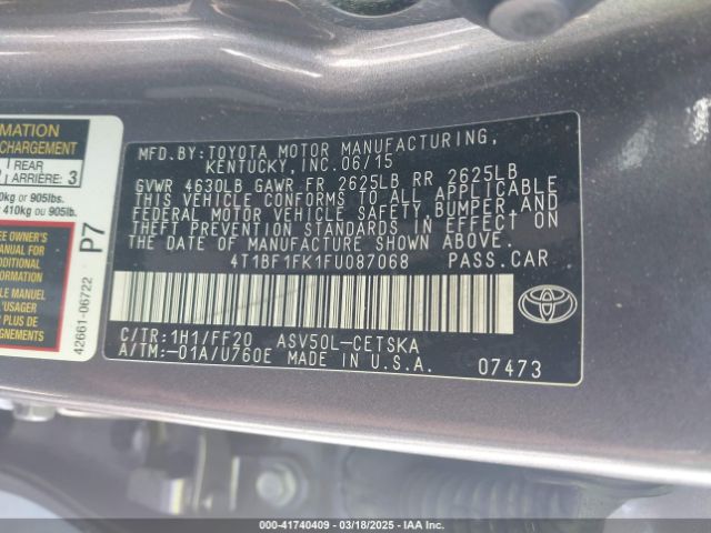 4T1BF1FK1FU087068 Toyota CAMRY SE