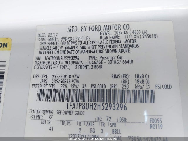 Ford 2.3l 4v premium fuel 2017 1FATP8UH2H5293296 Image 9