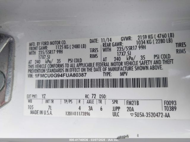 1FMCU0G94FUA80387 Ford ESCAPE SE