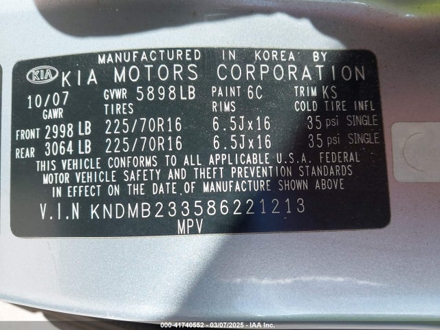 Aukcja sprzedaży 2008 Kia Sedona Lx, vin: KNDMB233586221213, numer aukcji: 41740552