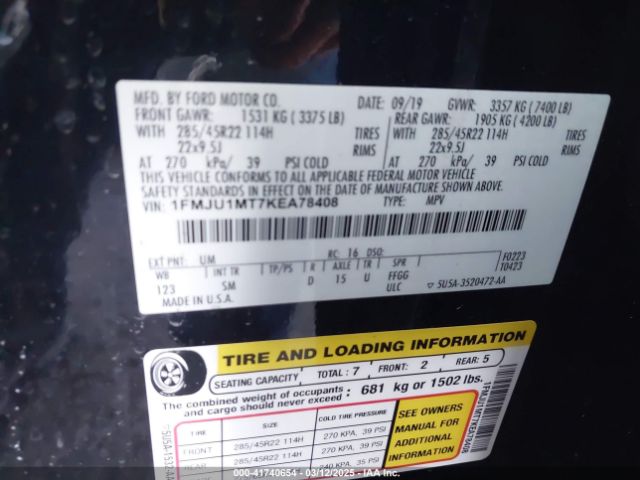 1FMJU1MT7KEA78408 Ford Expedition Platinum
