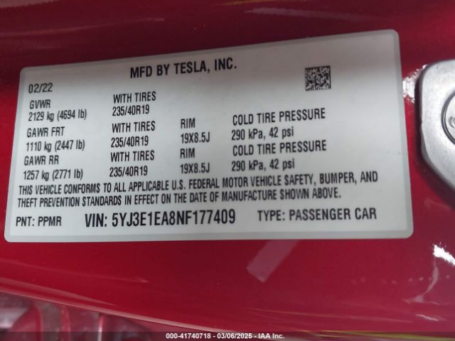 5YJ3E1EA8NF177409 Tesla Model 3 Rear-wheel Drive