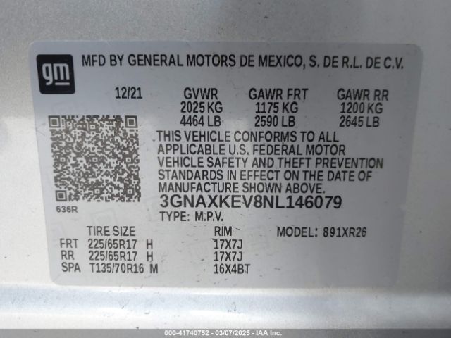 3GNAXKEV8NL146079 Chevrolet Equinox Fwd Lt