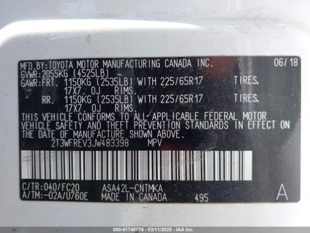 2T3WFREV3JW483398 Toyota Rav4 Xle