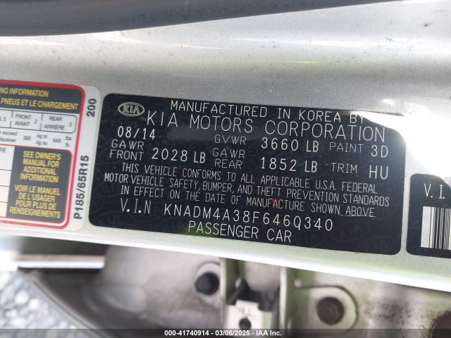 KIA RIO LX 2015 KNADM4A38F6460340 Image 9