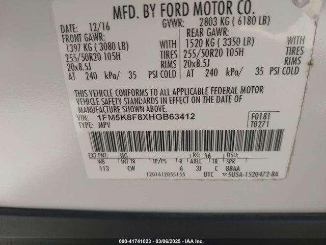 1FM5K8F8XHGB63412 Ford Explorer Limited