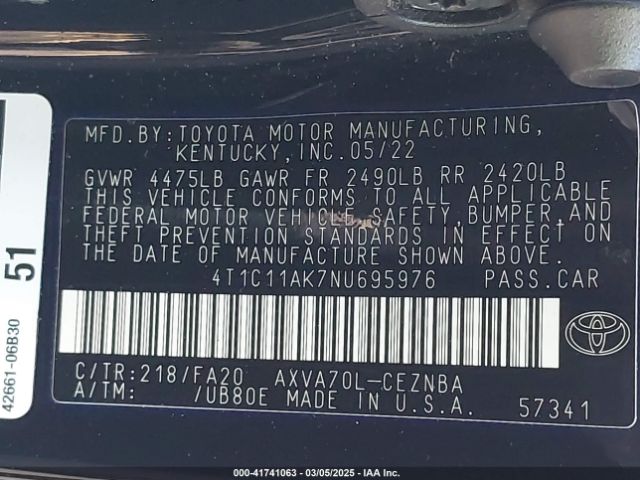 4T1C11AK7NU695976 Toyota CAMRY LE