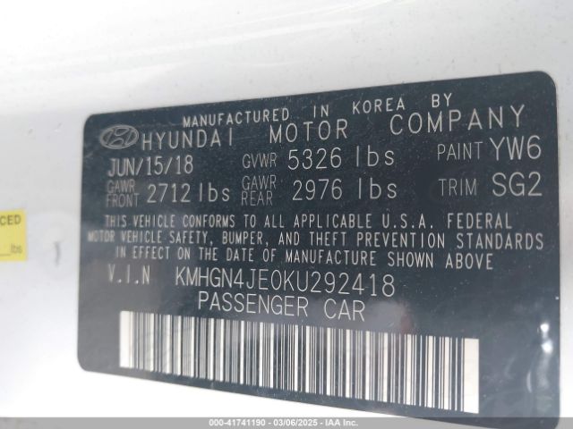 KMHGN4JE0KU292418 Genesis G80 3.8
