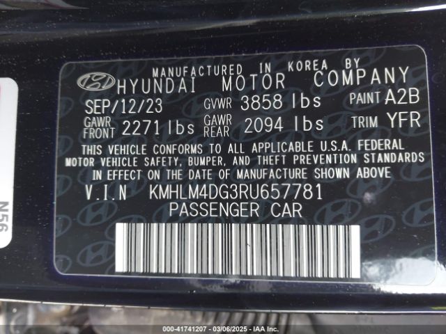 KMHLM4DG3RU657781 Hyundai ELANTRA SEL