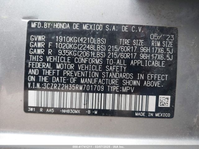 3CZRZ2H35RM701709 Honda Hr-v Awd Lx
