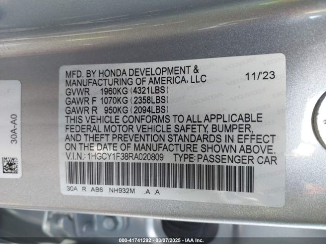 1HGCY1F38RA020809 Honda ACCORD EX