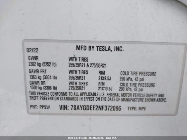 7SAYGDEF2NF372096 Tesla Model Y Performance Dual Motor All-wheel Drive