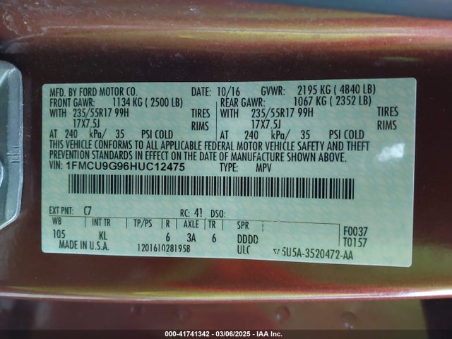 Ford ESCAPE SE 2017 1FMCU9G96HUC12475 Image 9