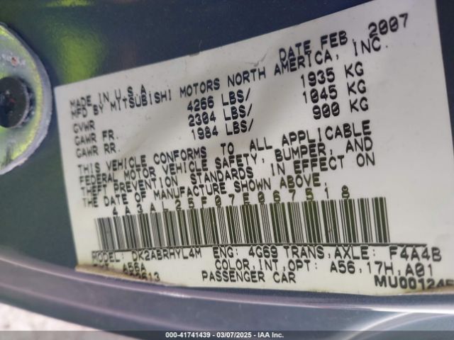 2007 MITSUBISHI ECLIPSE SPYDER 4A3AL25F07E067518 Photo 8