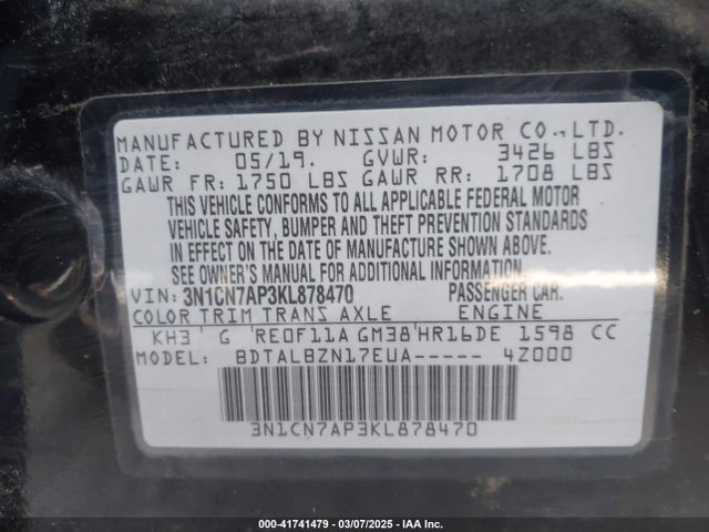 3N1CN7AP3KL878470 Nissan Versa 1.6 Sv