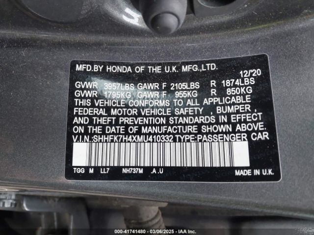 SHHFK7H4XMU410332 Honda Civic Sport