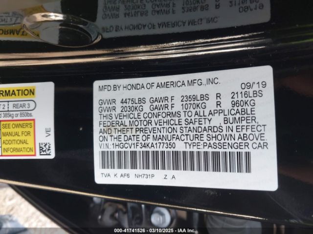 1HGCV1F34KA177350 Honda l15be