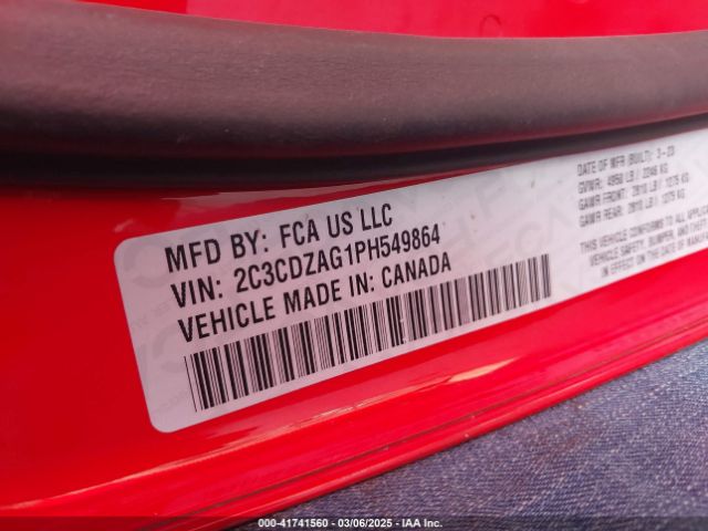 2C3CDZAG1PH549864 Dodge Challenger Sxt