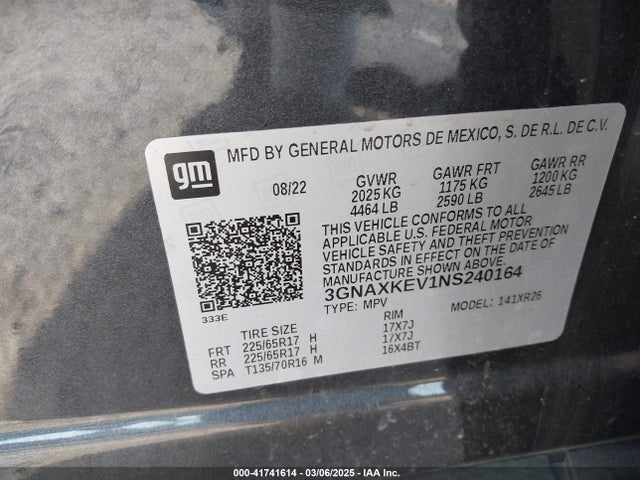 3GNAXKEV1NS240164 Chevrolet Equinox Fwd Lt