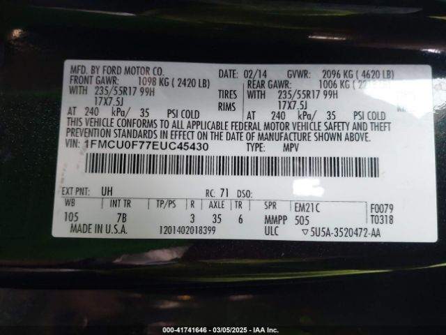1FMCU0F77EUC45430 Ford ESCAPE S