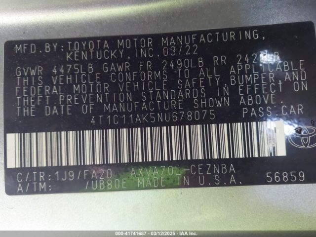 4T1C11AK5NU678075 Toyota CAMRY LE