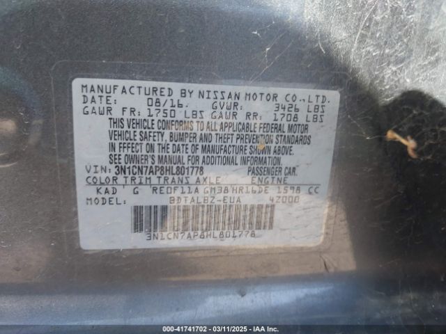 3N1CN7AP8HL801778 Nissan Versa 1.6 Sv