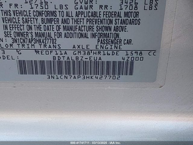 2017 NISSAN VERSA 3N1CN7AP3HK427702 Photo 8