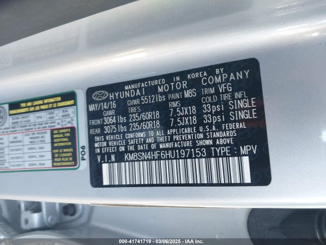 KM8SN4HF6HU197153 Hyundai Santa Fe Se