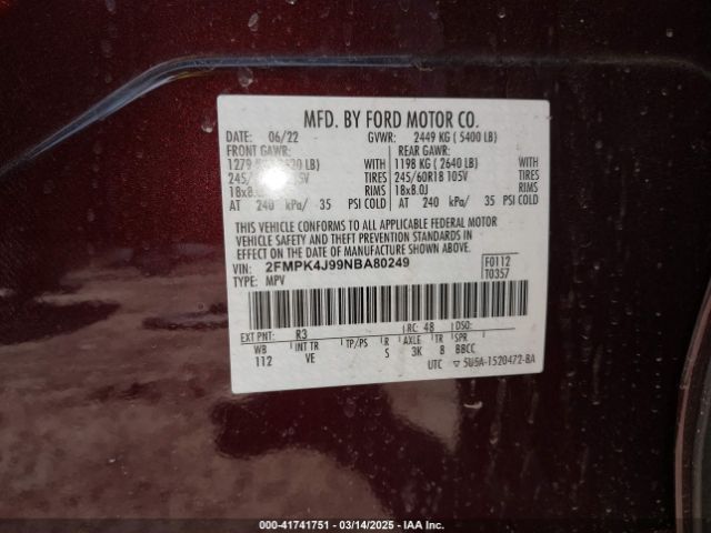 2FMPK4J99NBA80249 Ford EDGE SEL