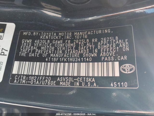 4T1BF1FK1HU341140 Toyota CAMRY SE
