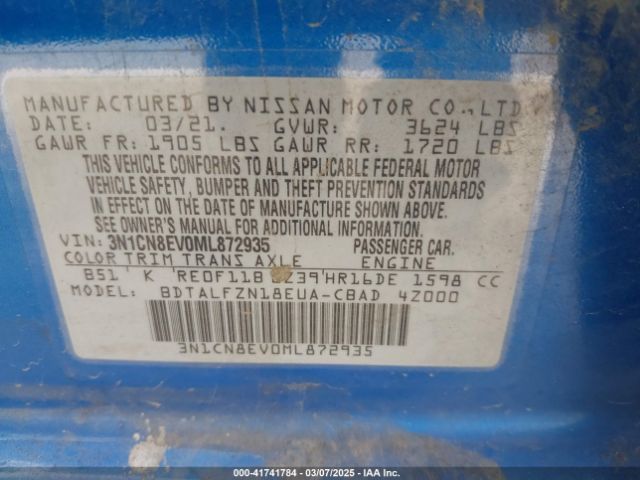 3N1CN8EV0ML872935 Nissan Versa Sv Xtronic Cvt
