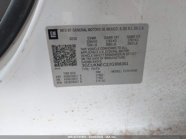3GCUKNEC2JG308361 Chevrolet Silverado 1500 Wt