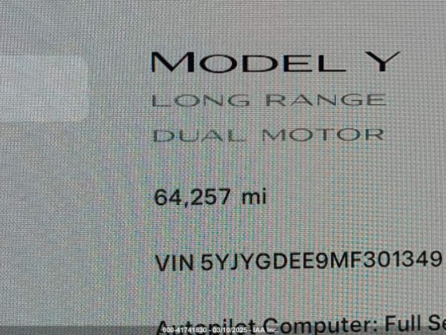 5YJYGDEE9MF301349 Tesla Model Y Long Range Dual Motor All-wheel Drive