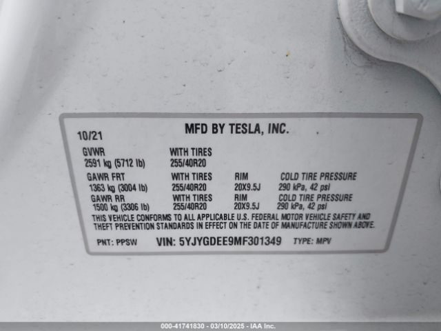 5YJYGDEE9MF301349 Tesla Model Y Long Range Dual Motor All-wheel Drive